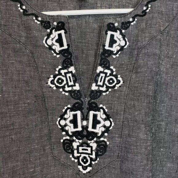 JM Collection Linen Tunic L Black White Embroidered 3/4 Sleeve Resort Boho - Picture 10 of 10